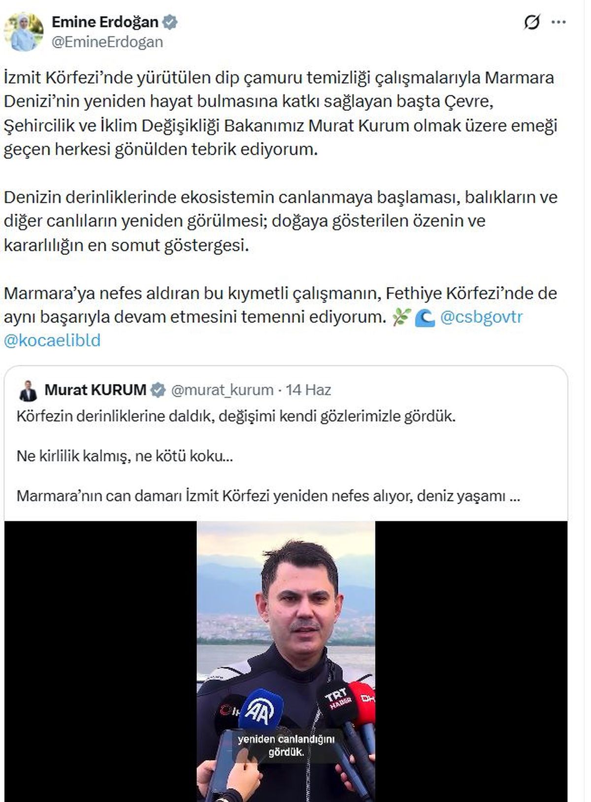 Emine Erdoğan’dan dip çamuru temizliğine tebrik