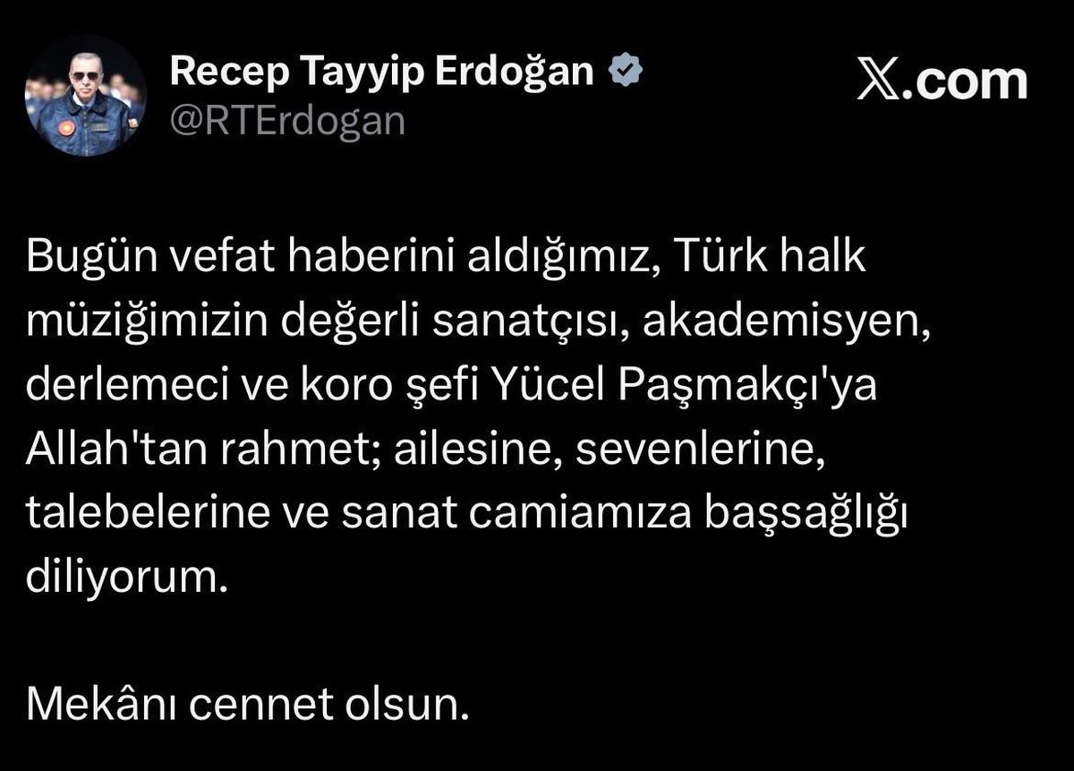 Erdoğan’dan Yücel Paşmakçı için taziye
