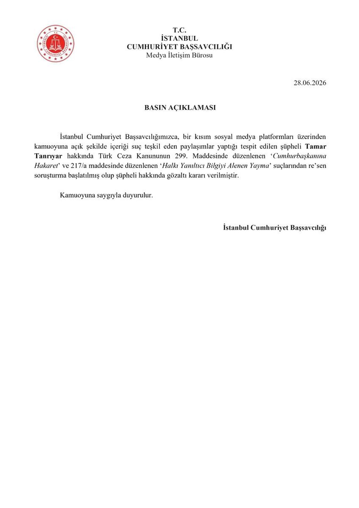 Tamar Tanrıyar’a Gözaltı Kararı